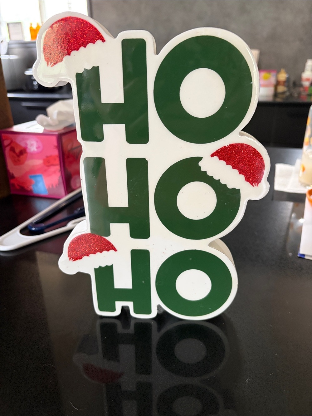T.J.Maxx Green & White 'HO HO HO' Holiday Accent with Red Glitter Hats